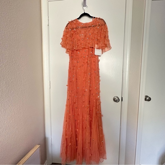 NEW Mac Duggal Beaded Floral Illusion Short Cape Sleeve Sheath Gown Coral 14 - Picture 5 of 9